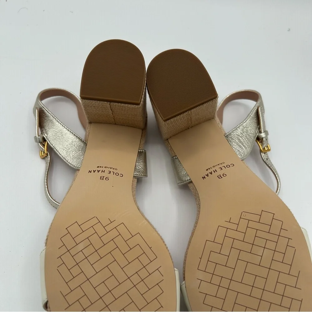 New Cole Haan Women’s Josie Block Heeled Sandal, Ivory/Soft Gold 9 B